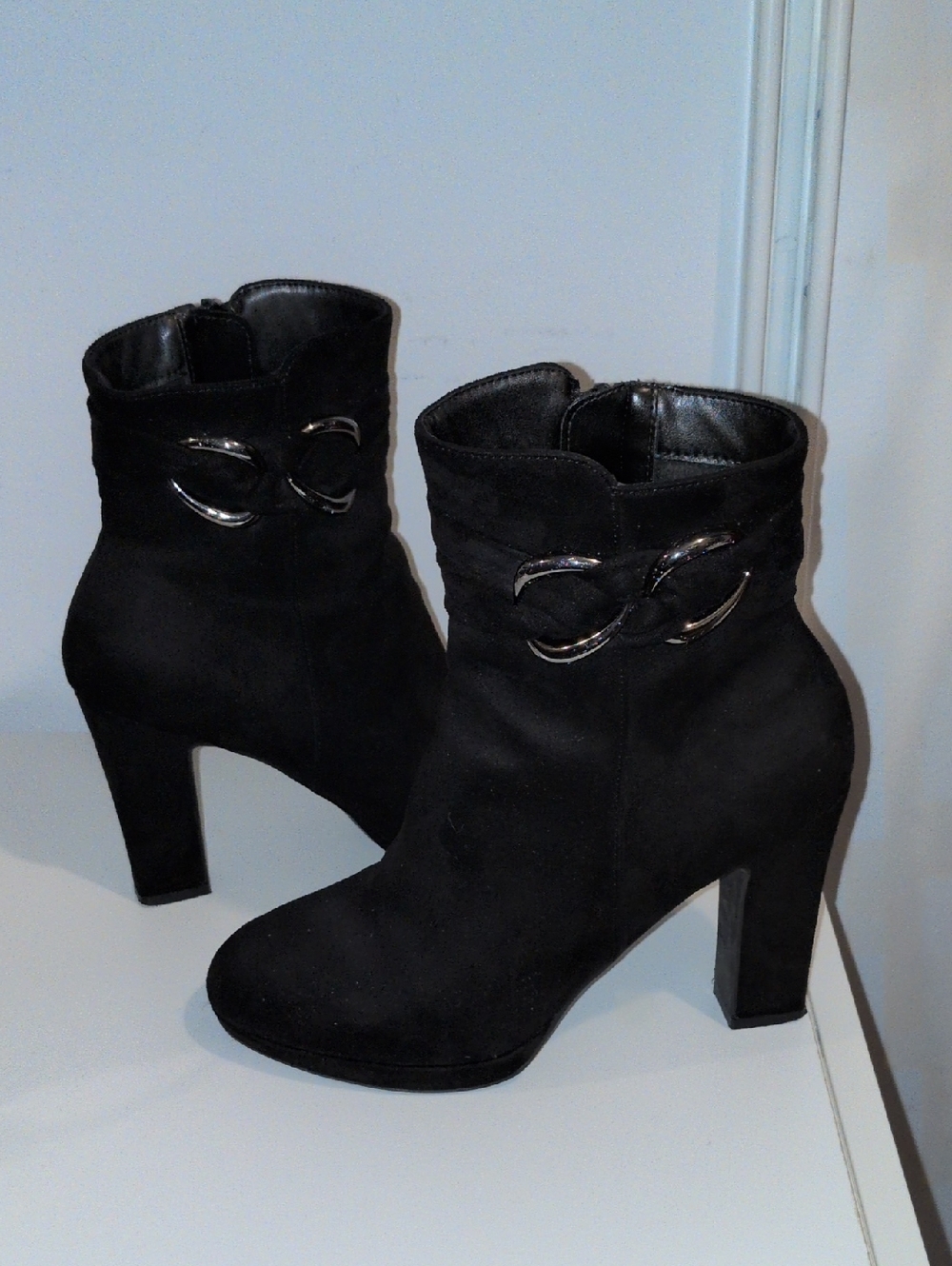 Macy's Black Suede-Look High Heel Ankle Boots with Silver Chain Accent